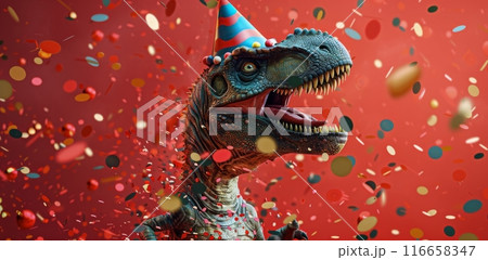 Smiling Dinosaur Wearing Party Hat Surrounded by Confetti Smiling Dinosaur Wearing Party Hat Surrounded by Confetti 116658347