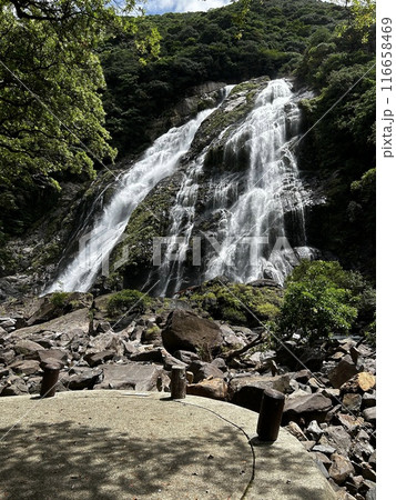 Okono-taki Falls are grand waterfalls representative of Yakushima Island at a height of 88 m. The attractive feature is the sight that changes just after rain because the rainfall runs over bedrock fo Okono-taki Falls are grand waterfalls representative of Yakushima Island at a height of 88 m. The attractive feature is the sight that changes just after rain because the rainfall runs over bedrock fo 116658469