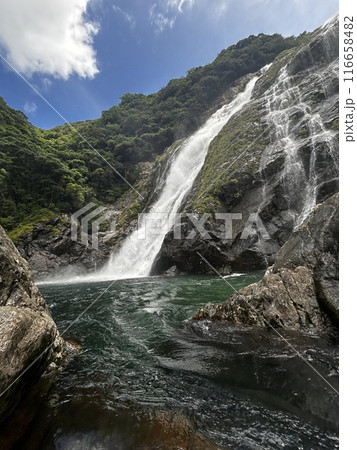 Okono-taki Falls are grand waterfalls representative of Yakushima Island at a height of 88 m. The attractive feature is the sight that changes just after rain because the rainfall runs over bedrock fo 116658482