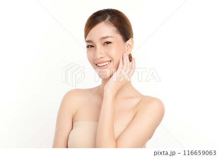 Beautiful young asian woman with clean fresh skin on white background, Face care, Facial treatment, Cosmetology, beauty and spa, Asian women portrait. Beautiful young asian woman with clean fresh skin on white background, Face care, Facial treatment, Cosmetology, beauty and spa, Asian women portrait. 116659063