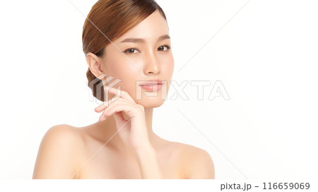 Beautiful young asian woman with clean fresh skin on white background, Face care, Facial treatment, Cosmetology, beauty and spa, Asian women portrait. Beautiful young asian woman with clean fresh skin on white background, Face care, Facial treatment, Cosmetology, beauty and spa, Asian women portrait. 116659069