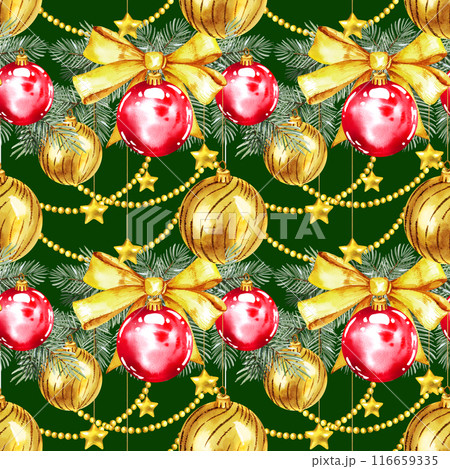 watercolor seamless pattern with Christmas tree with golden Christmas golden bow, balls, stars, hand drawn sketch of green fir branches with Christmas tree toys, green background, winter illustration 116659335