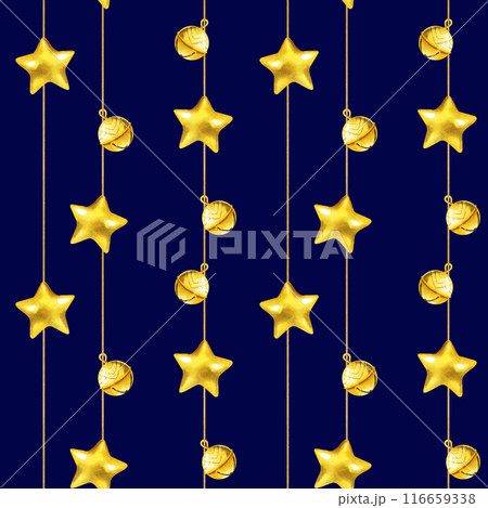 watercolor seamless pattern with Christmas tree toys, shiny gold balls, garlands of gold glitter beads, golden glossy stars, illustration with Christmas decoration blue background 116659338
