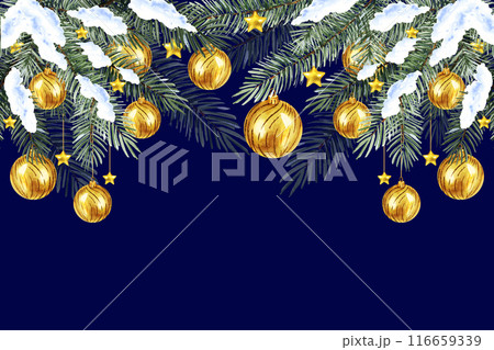 watercolor Christmas tree in the snow with golden Christmas baubles, balls, stars, hand drawn sketch of green fir branches with Christmas tree toys, on blue background, winter illustration 116659339
