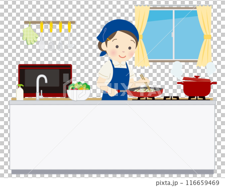 女工作人員負責做家事並準備預先準備好的餐點。 女工作人員負責做家事並準備預先準備好的餐點。 116659469