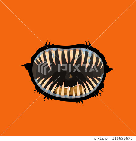 Vector cartoon funny zombie monster open mouth with drooling green slime isolated on orange background. Vector Halloween greeting card with funne orange monster mouth. Cartoon vampire and zombie fangs 116659670