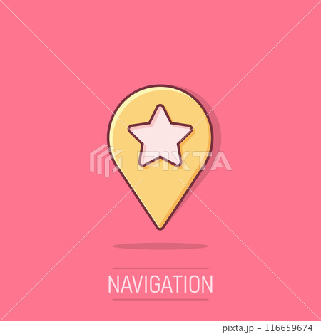 Map pin icon in comic style. GPS navigation cartoon vector illustration on isolated background. Locate position splash effect business concept. 116659674