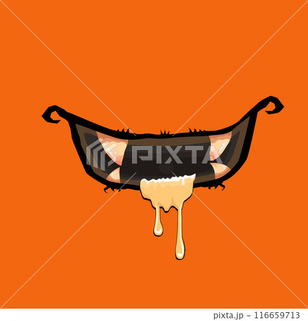 Vector cartoon funny zombie monster open mouth with drooling green slime isolated on orange background. Vector Halloween greeting card with funne orange monster mouth. Cartoon vampire and zombie fangs 116659713