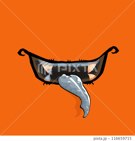 Vector cartoon funny zombie monster open mouth with drooling green slime isolated on orange background. Vector Halloween greeting card with funne orange monster mouth. Cartoon vampire and zombie fangs 116659715