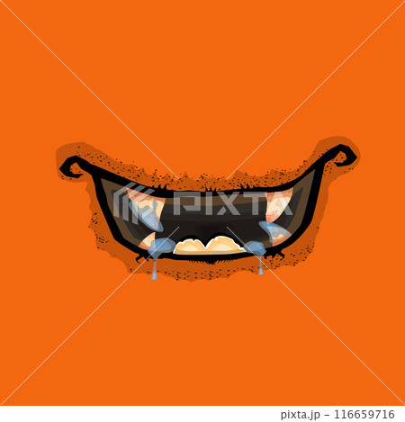 Vector cartoon funny zombie monster open mouth with drooling green slime isolated on orange background. Vector Halloween greeting card with funne orange monster mouth. Cartoon vampire and zombie fangs Vector cartoon funny zombie monster open mouth with drooling green slime isolated on orange background. Vector Halloween greeting card with funne orange monster mouth. Cartoon vampire and zombie fangs 116659716
