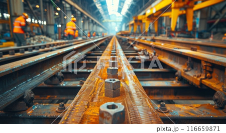 Close-Up View of Steel Beams With Nuts and Bolts in a Factory Setting 116659871