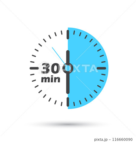 30 minutes on stopwatch icon in flat style. Clock face timer vector illustration on isolated background. Countdown sign business concept. 116660090