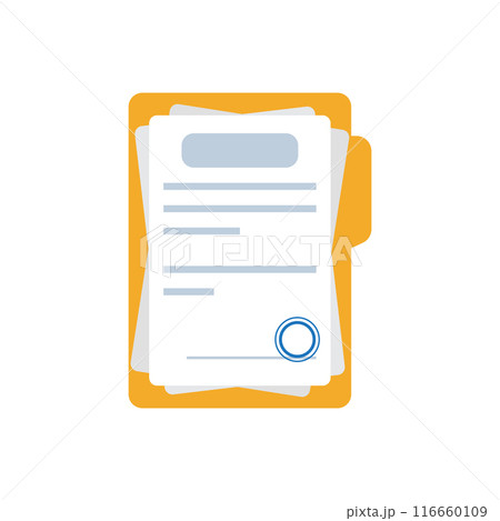 Document, folder with stamp and text icon in flat style. White papers vector illustration on isolated background. Confirmed or approved document sign business concept. 116660109