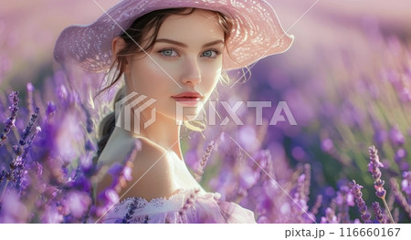 Woman in Lavender Field Wearing Straw Hat and Looking at Camera Woman in Lavender Field Wearing Straw Hat and Looking at Camera 116660167