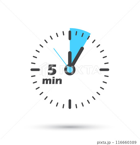 5 minutes on stopwatch icon in flat style. Clock face timer vector illustration on isolated background. Countdown sign business concept. 5 minutes on stopwatch icon in flat style. Clock face timer vector illustration on isolated background. Countdown sign business concept. 116660389