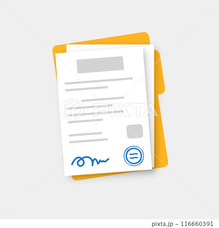 Document, folder with stamp and text icon in flat style. White papers vector illustration on isolated background. Confirmed or approved document sign business concept. 116660391