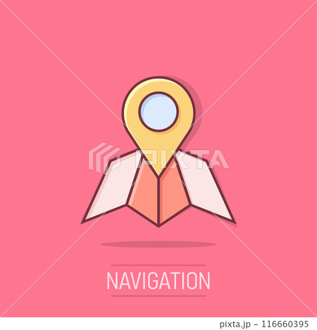 Map pin icon in comic style. GPS navigation cartoon vector illustration on isolated background. Locate position splash effect business concept. 116660395