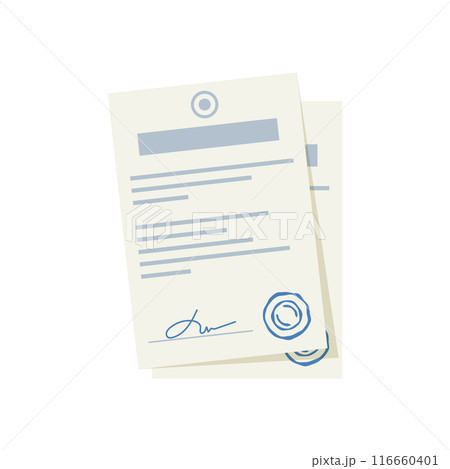 Document with stamp and text icon in flat style. White papers vector illustration on isolated background. Confirmed or approved document sign business concept. 116660401