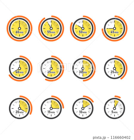 From 5 minutes to 60 minutes on stopwatch icon in flat style. Clock face timer vector illustration on isolated background. Countdown sign business concept. 116660402