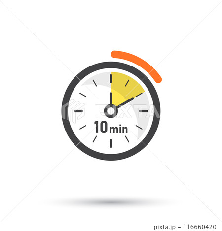 10 minutes on stopwatch icon in flat style. Clock face timer vector illustration on isolated background. Countdown sign business concept. 116660420