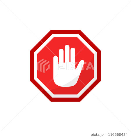 Stop sign with hand icon in flat style. Traffic control vector illustration on isolated background. Attention sign business concept. 116660424