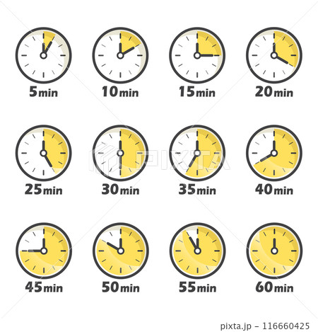 From 5 minutes to 60 minutes on stopwatch icon in flat style. Clock face timer vector illustration on isolated background. Countdown sign business concept. 116660425