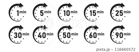 From 1 minite to 90 minutes on stopwatch icon in flat style. Clock face timer vector illustration on isolated background. Countdown sign business concept. 116660572