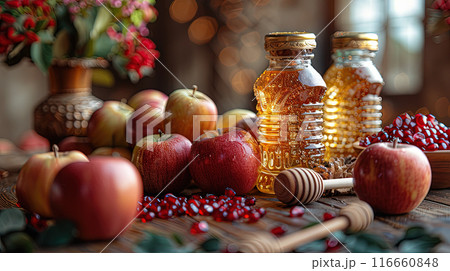 Still life with apples. Rosh Hashanah table bright display apples, honey, pomegranates and shofar 116660848