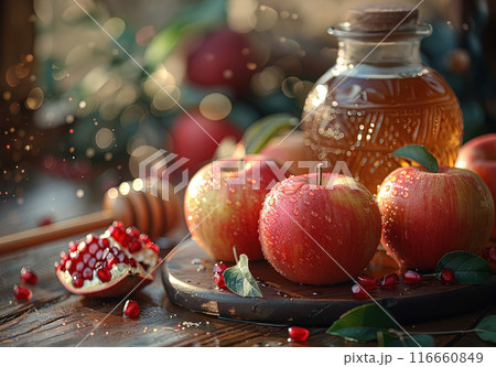 Still life with apples. Rosh Hashanah table bright display apples, honey, pomegranates and shofar 116660849