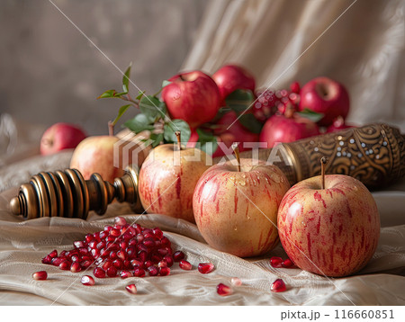 Still life with apples. Rosh Hashanah table bright display apples, honey, pomegranates and shofar 116660851