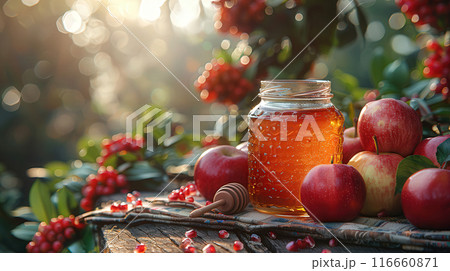 Outdoor Rosh Hashanah landscape, picnic blanket, red apples, honey jar, ram's horn, pomegranates 116660871