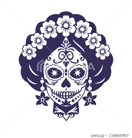 Catrina head. Woman sugar skull. Mexican Day of the Dead. Vector isolated illustration. Blue and white Catrina head. Woman sugar skull. Mexican Day of the Dead. Vector isolated illustration. Blue and white 116660907