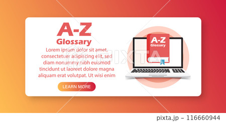 Glossary book with laptop icon in flat style. Guidebook encyclopedia vector illustration on isolated background. A-Z computer sign business concept. 116660944