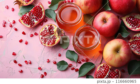Rosh Hashanah Jewish New Year holiday concept Traditional symbols Honey jar apples pomegranate 116660965