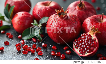 Group Fresh pomegranate fruit whole pomegranate seeds. Pomegranates and red apples Rosh Hashanah 116661029