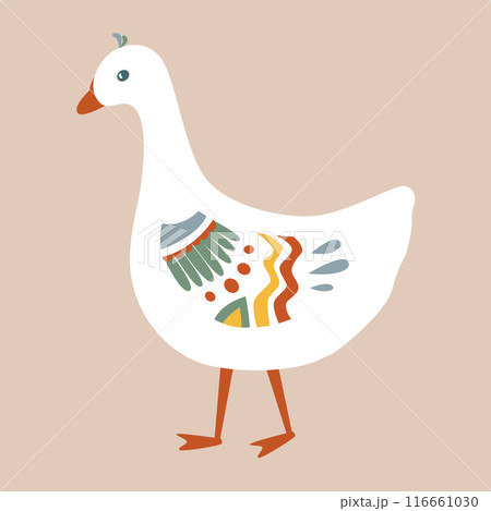 Abstract cartoon goose painted in cartoon nursery, folk, or Scandinavian style. Vector isolated illustration. 116661030