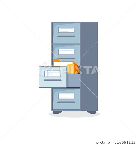 Office cabinet icon in flat style. Furniture storage vector illustration on isolated background. Drawer sign business concept. 116661113
