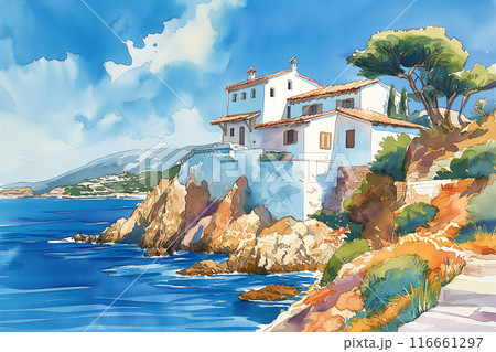 watercolor drawing of the Mediterranean coast and a white traditional house on a hil 116661297