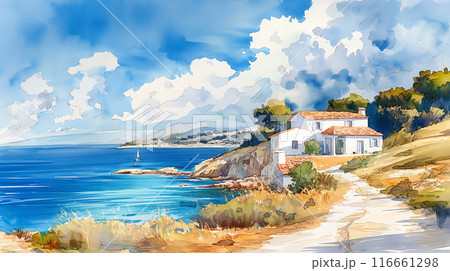 watercolor drawing of the Mediterranean coast and a white traditional house on a hil 116661298
