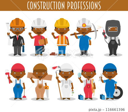 Vector Set of Construction Professions in cartoon style. Black or African American characters. 116661396