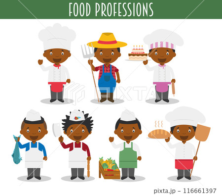 Vector Set of Food Industry Professions in cartoon style. Black or African American characters. 116661397