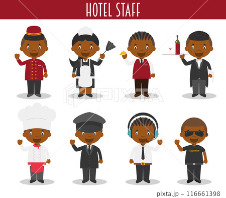 Vector Set of Hotel Staff Professions in cartoon style. Black or African American characters. 116661398