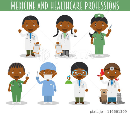 Vector Set of Medicine and Healthcare Professions in cartoon style. Black or African American characters. 116661399
