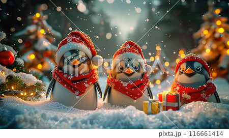 Group of penguins wearing Santa hats, standing on snow with Christmas decorations, Merry Christmas 116661414