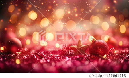 Christmas background. Red glitter bokeh vintage lights background. New Year 2025 banner mockup 116661418