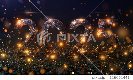 2025 Happy new year greeting banner. Shining background. Holiday illustration golden numbers 116661441