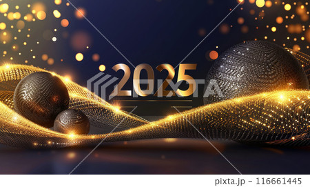 2025 Happy new year greeting banner. Shining background. Holiday illustration golden numbers 116661445
