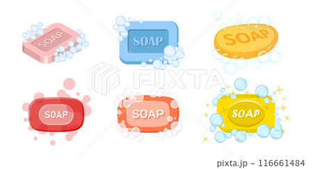 Bar of soap with foam icon set in flat style. Cosmetic product for hygienic vector illustration on isolated background. Toiletries sign business concept. 116661484