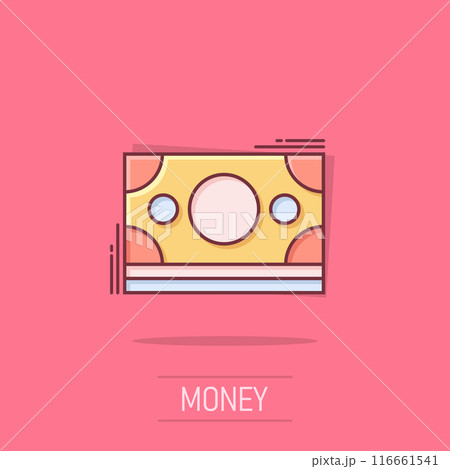 Dollar currency banknote icon in comic style. Dollar cash cartoon vector illustration on isolated background. Banknote bill splash effect business concept. Dollar currency banknote icon in comic style. Dollar cash cartoon vector illustration on isolated background. Banknote bill splash effect business concept. 116661541