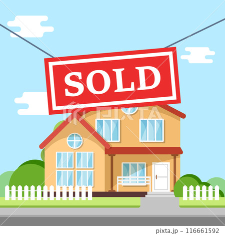Real estate banner with house icon in flat style. Sale label vector illustration on isolated background. Sold sign business concept. 116661592